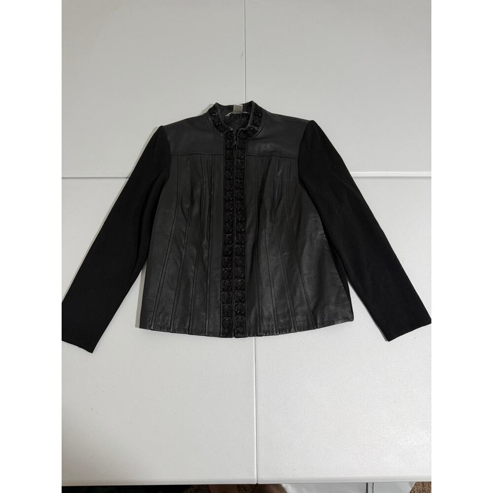 Nygard Collection Black Leather Knit Panel Rosette Jacket Women L
